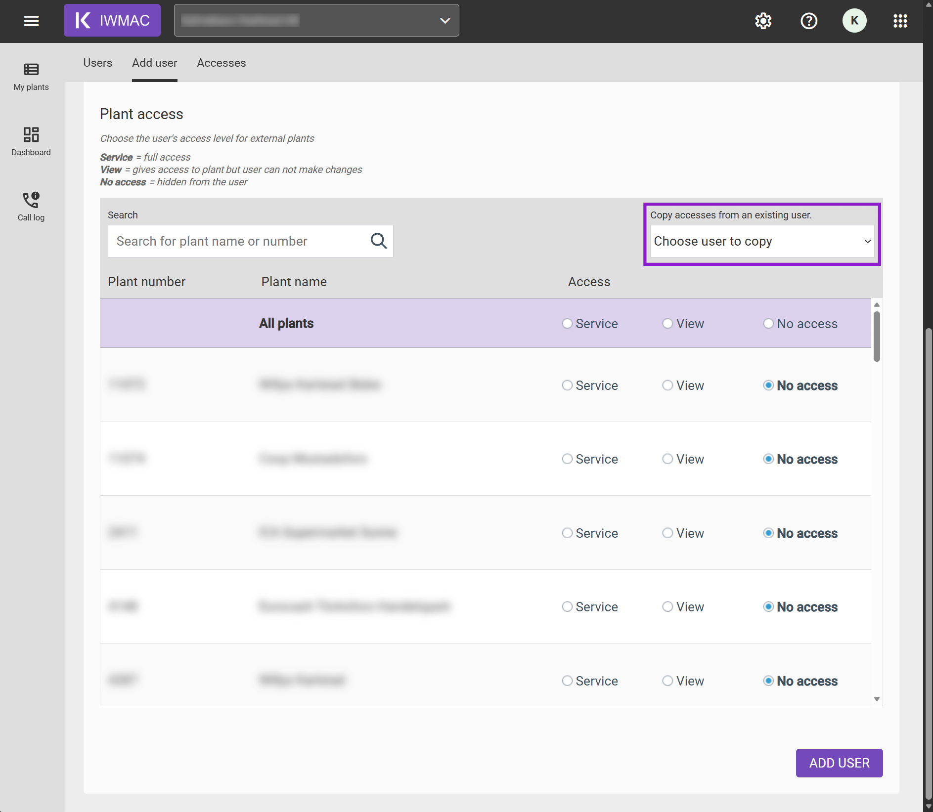Add user form in IWMAC with the option to copy access from an existing user via a dropdown menu, showing the access list updating automatically below.
