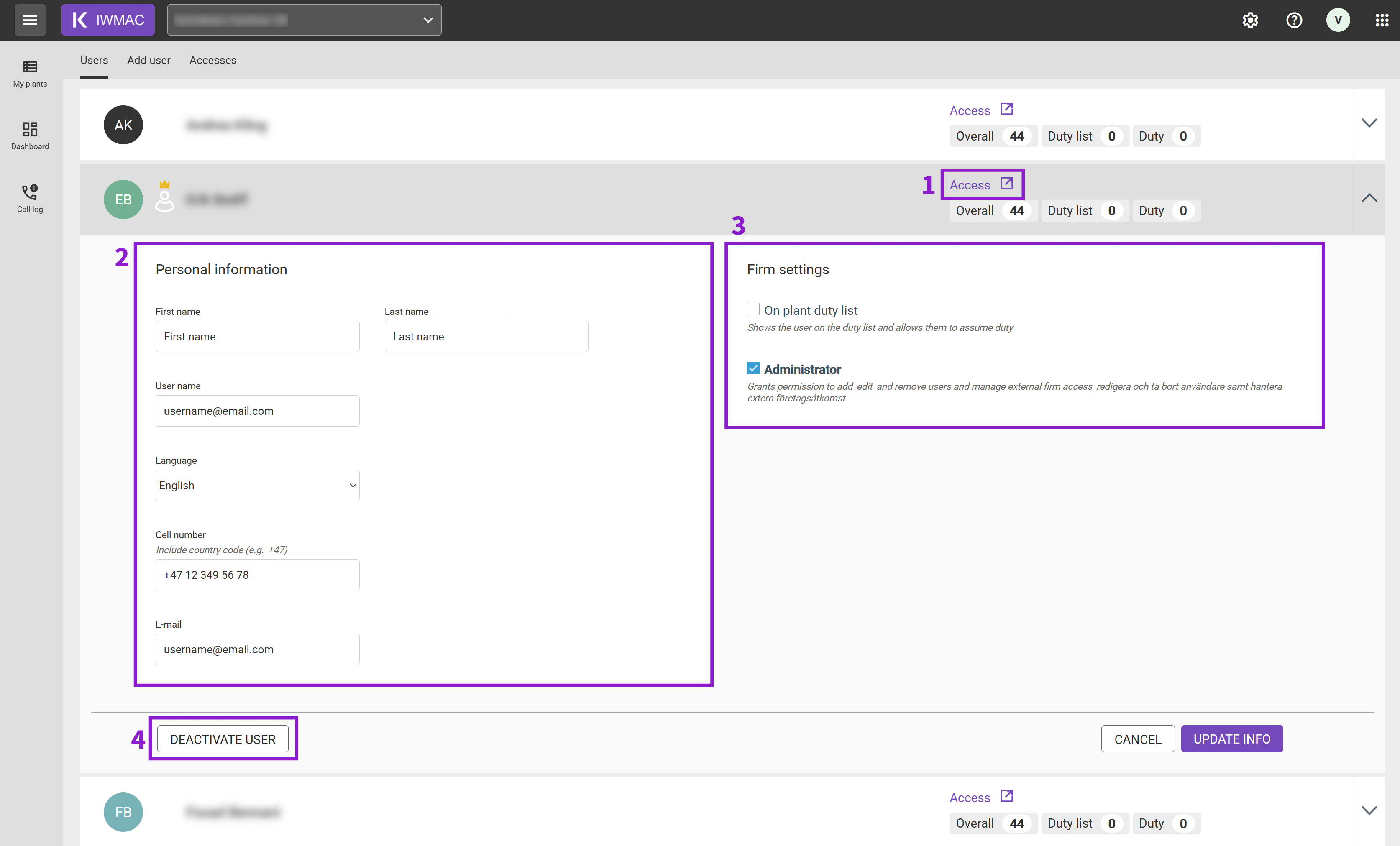 User profile open in IWMAC User Administration, showing fields for personal details, access level options including duty list and administrator, and the deactivate button.