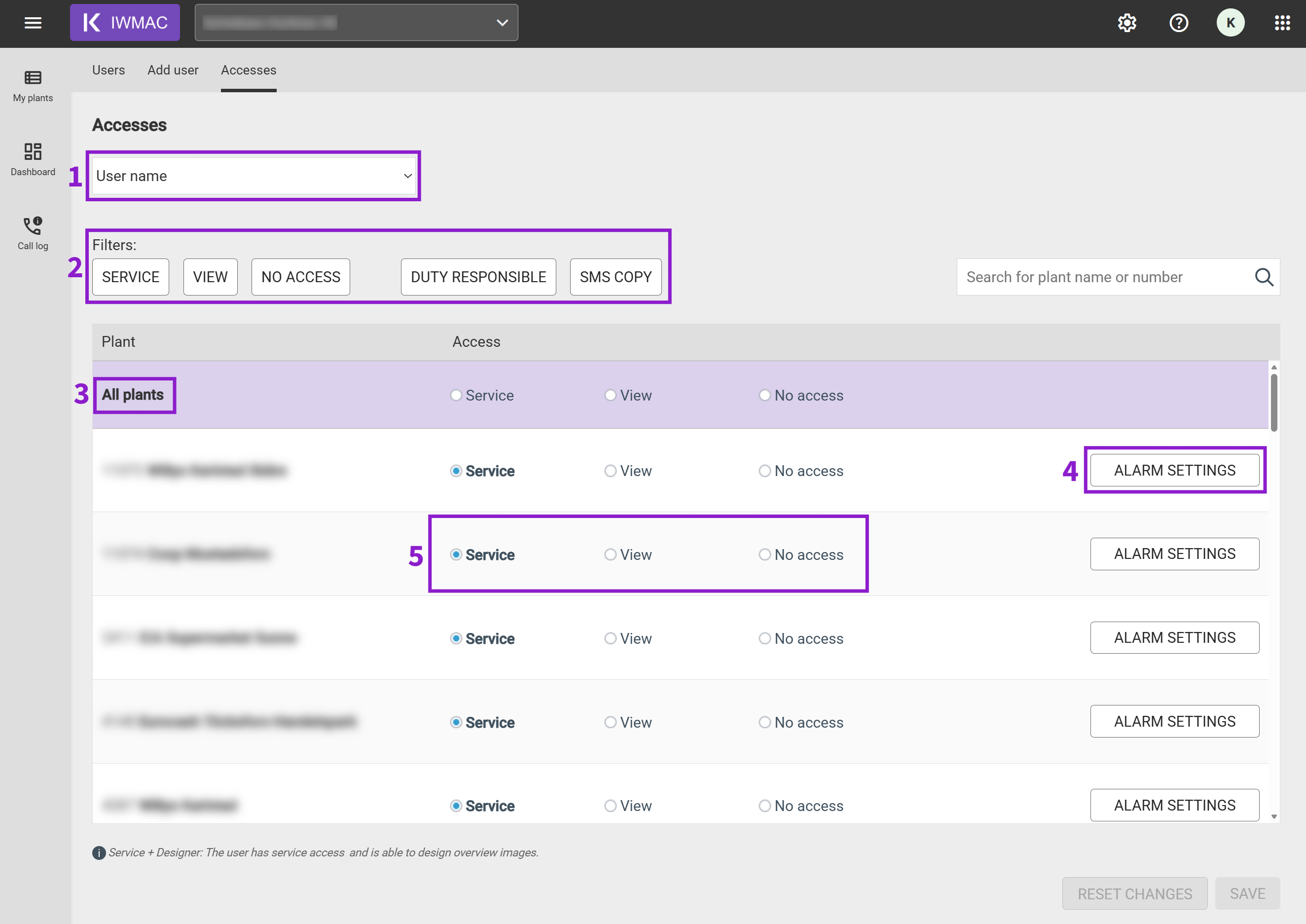 Access tab in IWMAC User Administration showing a list of facilities with service, view and no access options per facility, filter buttons and alarm settings shortcut.