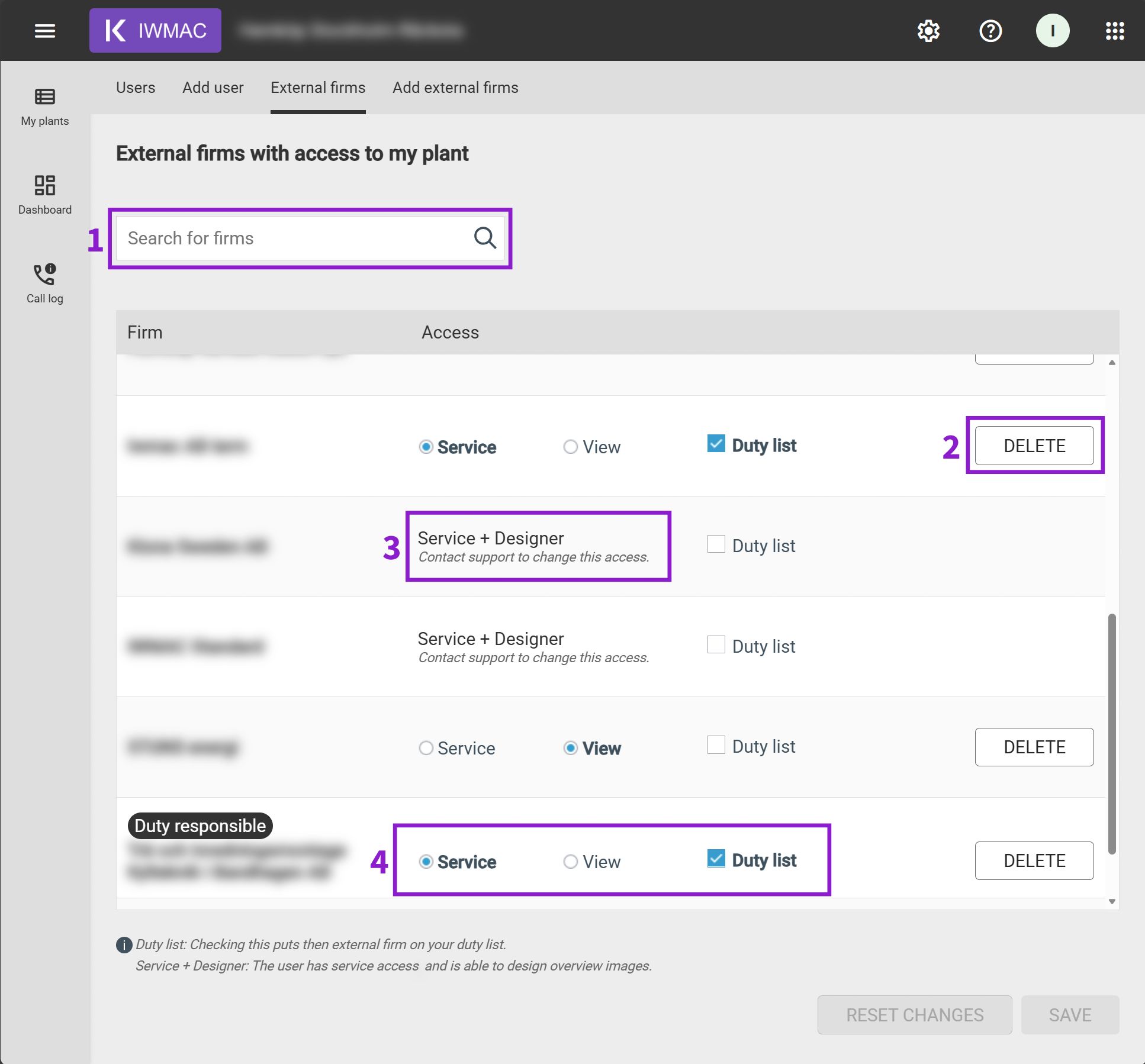External companies tab in IWMAC User Administration showing a list of service companies with their access level and duty list status.