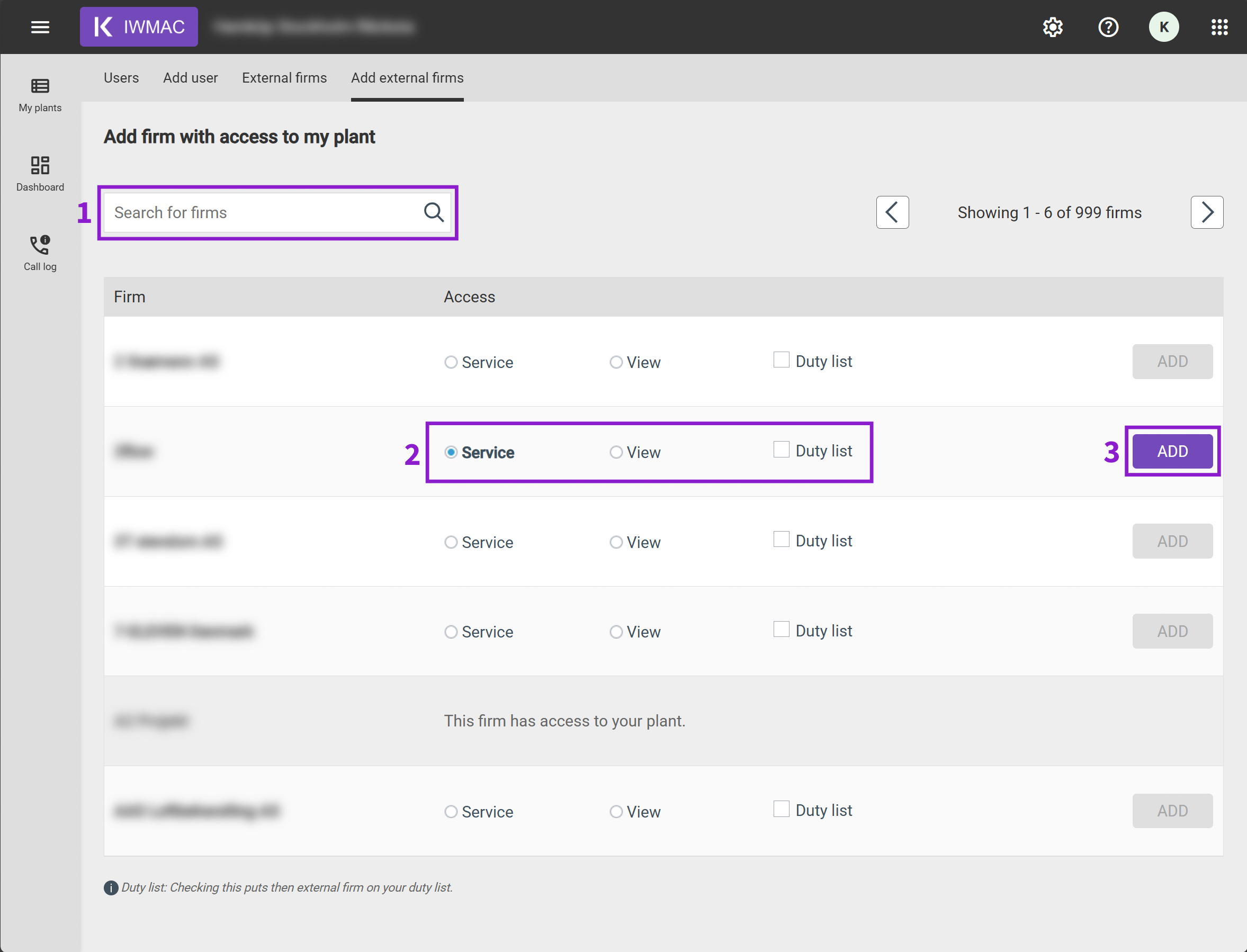 Add external companies tab in IWMAC showing a search field and a list of companies with options to set service or view access and add to duty list.