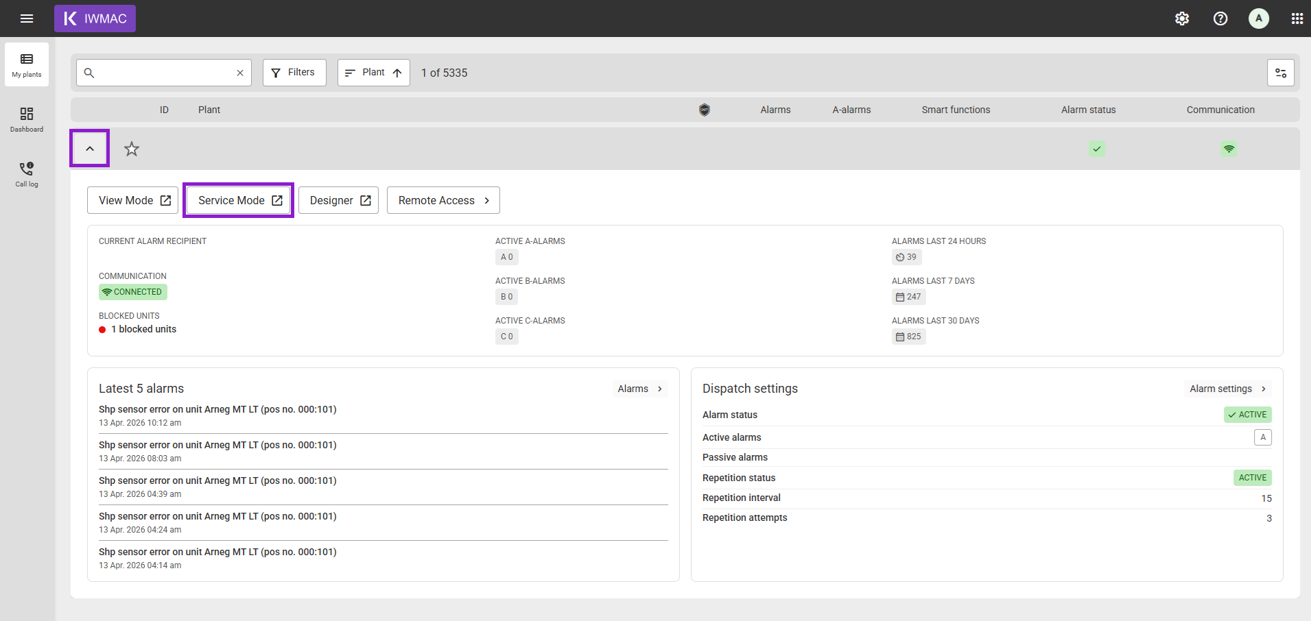 Ouvrir le Mode Service dans IWMAC